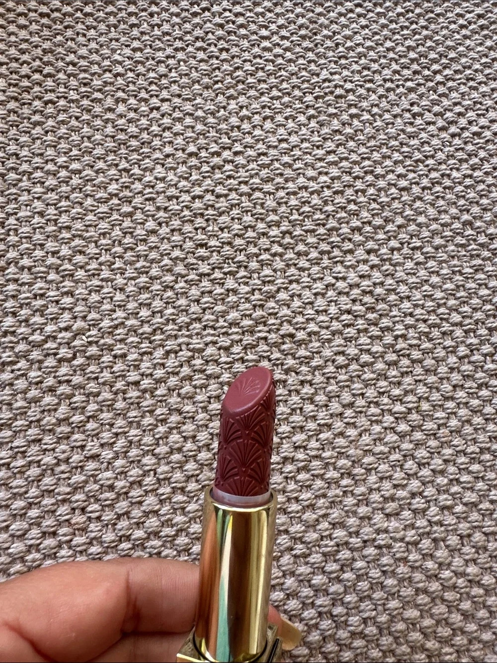 Estee Lauder Gold-Tone Lipstick Case with Etched Art Deco Pattern